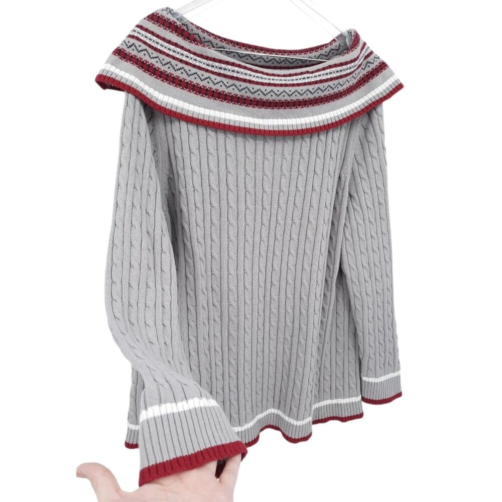 VTG 90s Gitano Gray Fair Isle Foldover Off Shoulder Cable Knit Sweater 26/28 - Picture 3 of 8
